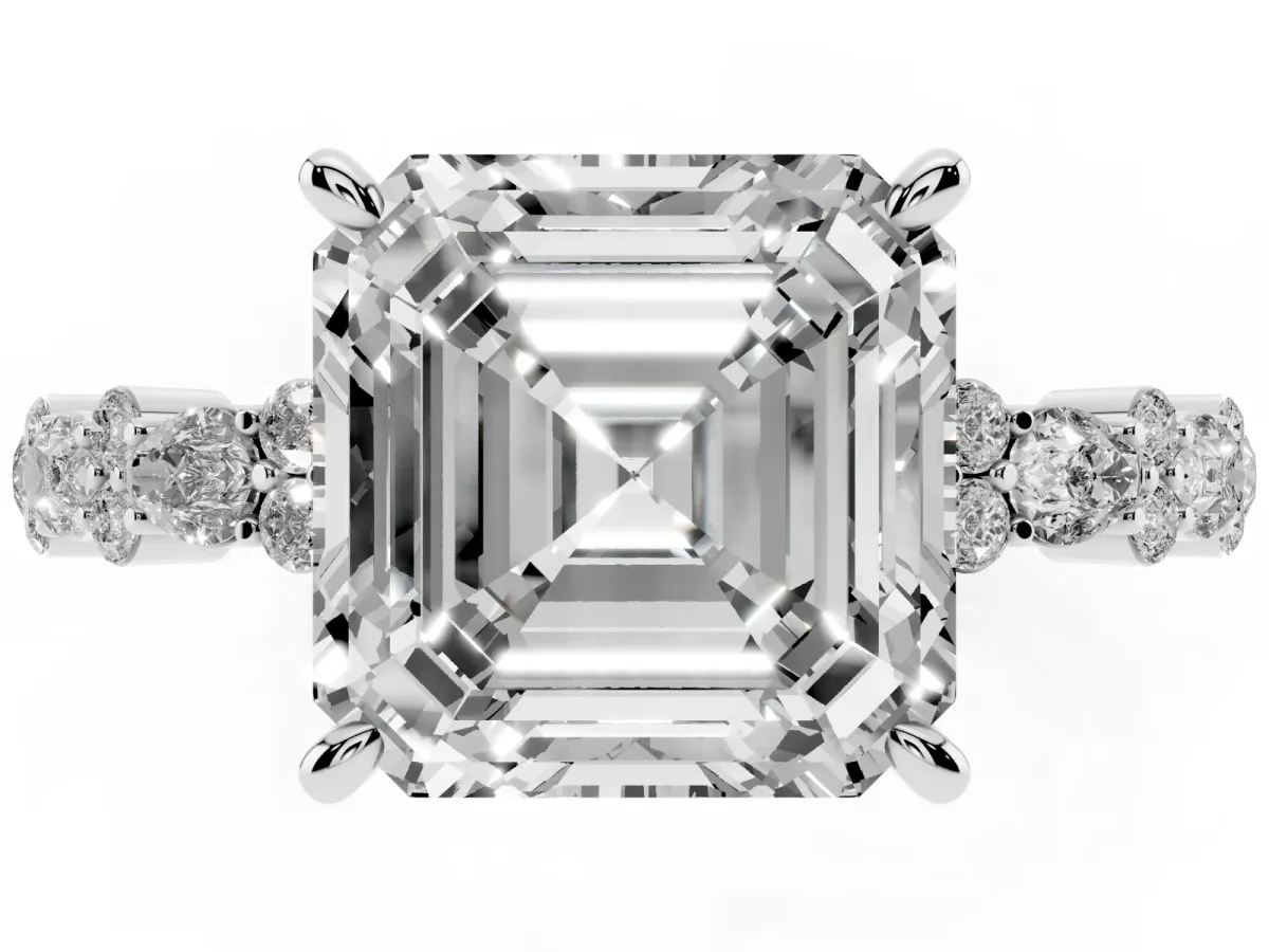 Asscher Cut Diamond Side Stone Solitaire Ring with Round and Four-Prong Setting Silver