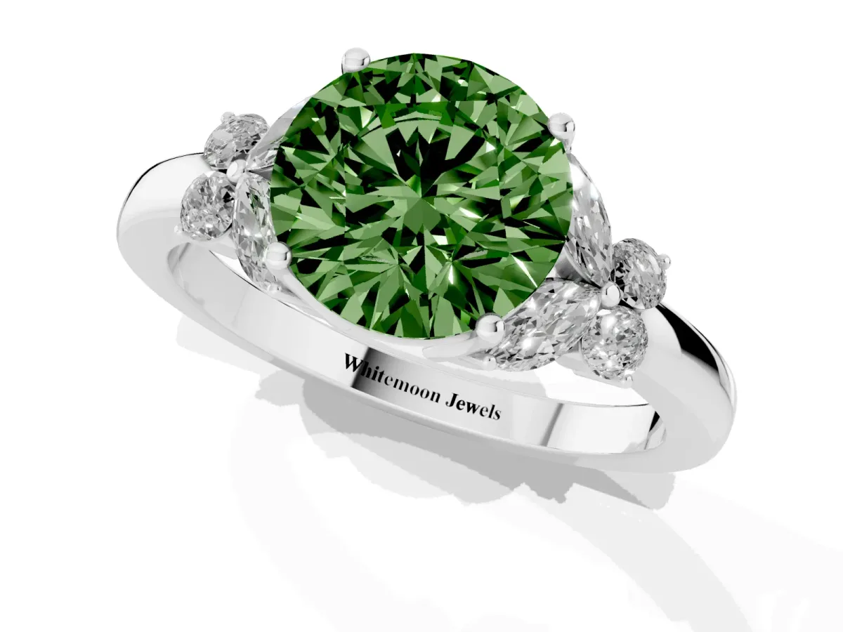 Fancy Green Round Cut Cut Solitaire Floral Diamond Ring with Four-Prong Setting Platinum