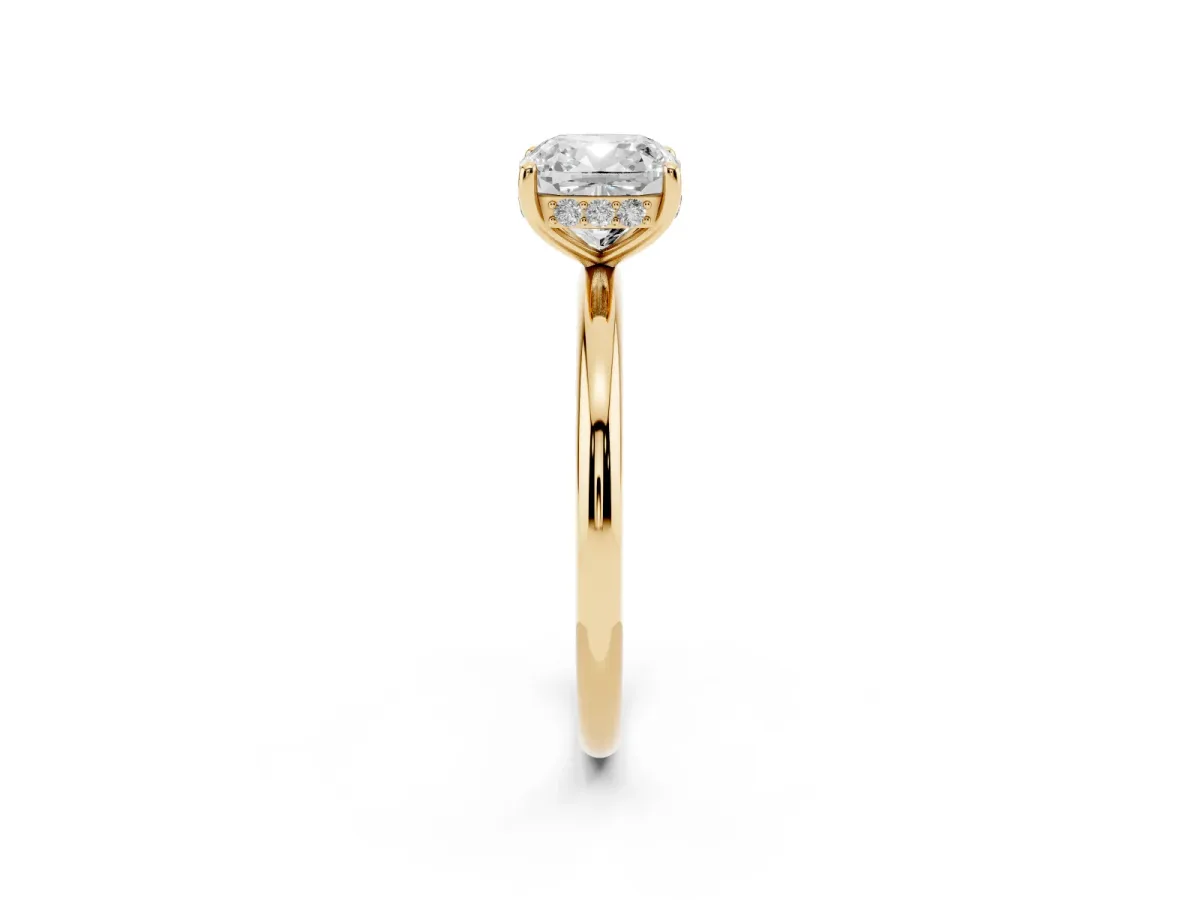 Cushion Cut Solitaire Diamond Ring with a Classic Band and Four-Prong Setting Yellow gold