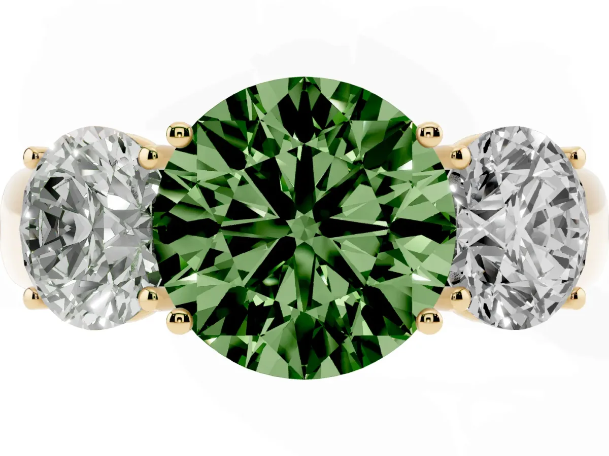Fancy Green Three-Stone Round Cut Cut Diamond Ring with Prong Setting and Classic Band Yellow gold