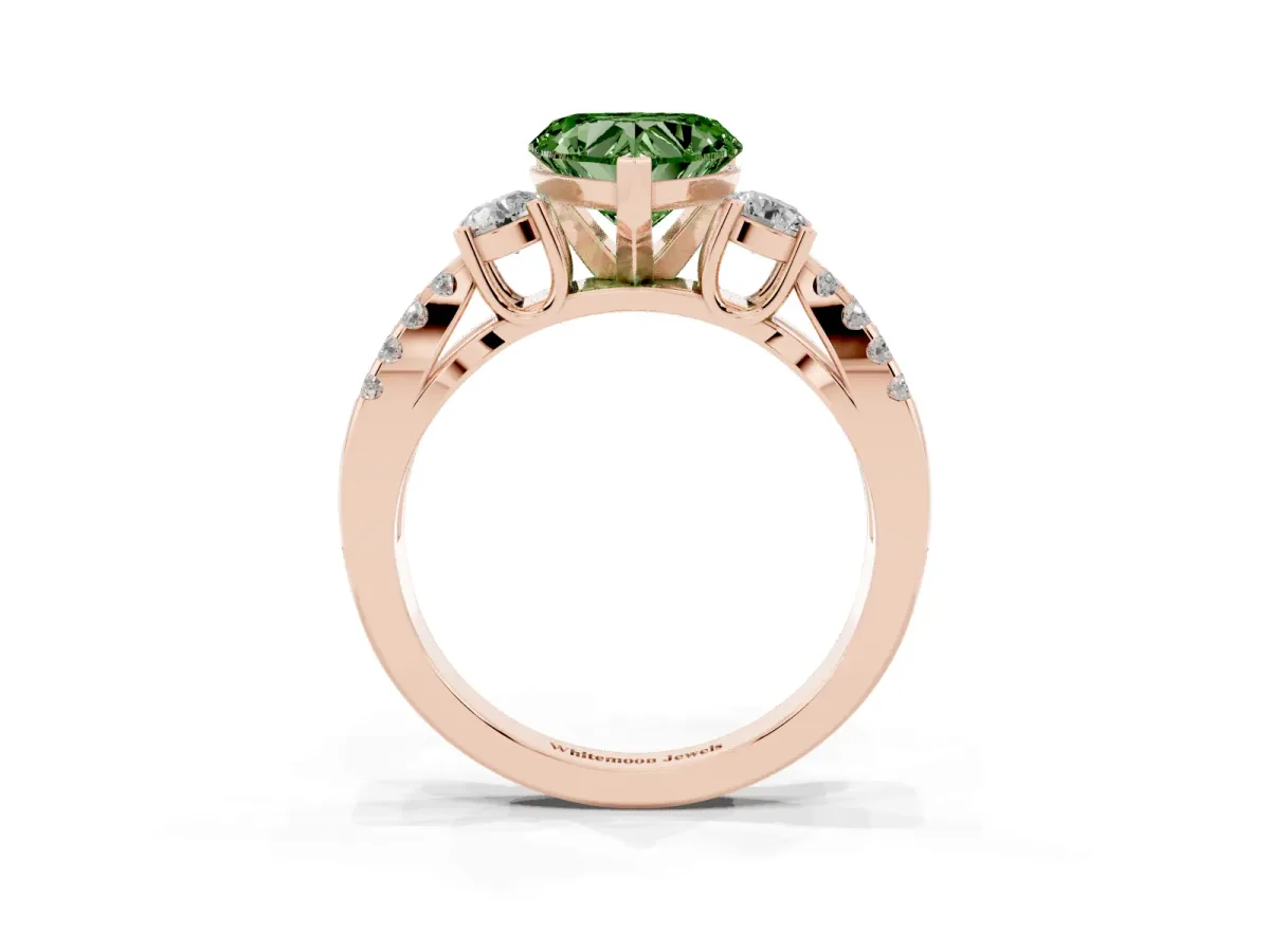 Fancy Green Heart Cut Diamond Three-Stone Ring with Pavé Split Shank and Four-Prong Setting Rose gold