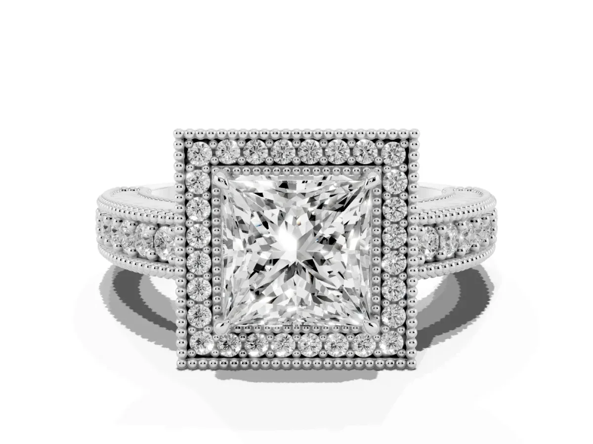 Princess Cut Cut Halo Diamond Ring with Pavé Band and Four-Prong Setting White gold