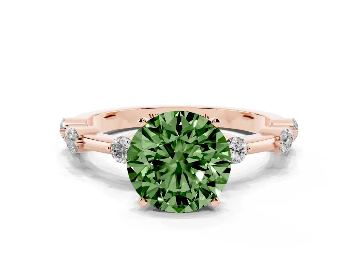 Fancy Green Round Cut Solitaire Diamond Ring with Bezel Set Side Stones and Prong Setting Rose gold