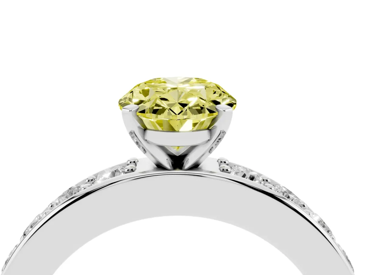 Fancy Yellow Oval Cut Diamond Engagement Ring with Channel Set Round Band and Prong Setting Silver