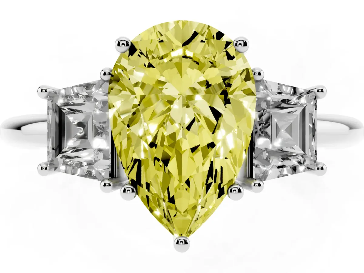 Fancy Yellow Pear Cut Diamond Three-Stone Ring with Trapezoid Side Stones and Prong Setting Platinum