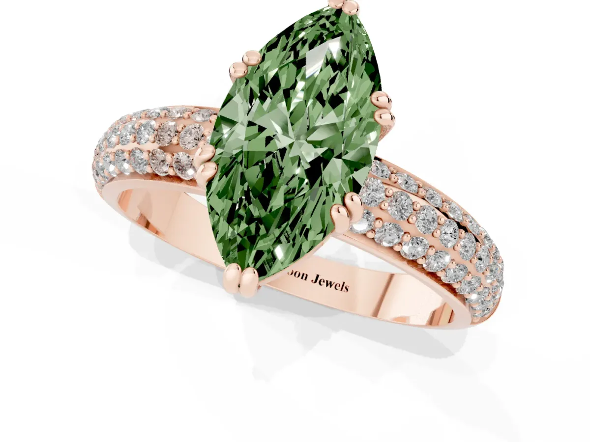 Fancy Green Marquise Cut Diamond Solitaire Ring with Multi-Row Round Pavé Band and Prong Setting Rose gold