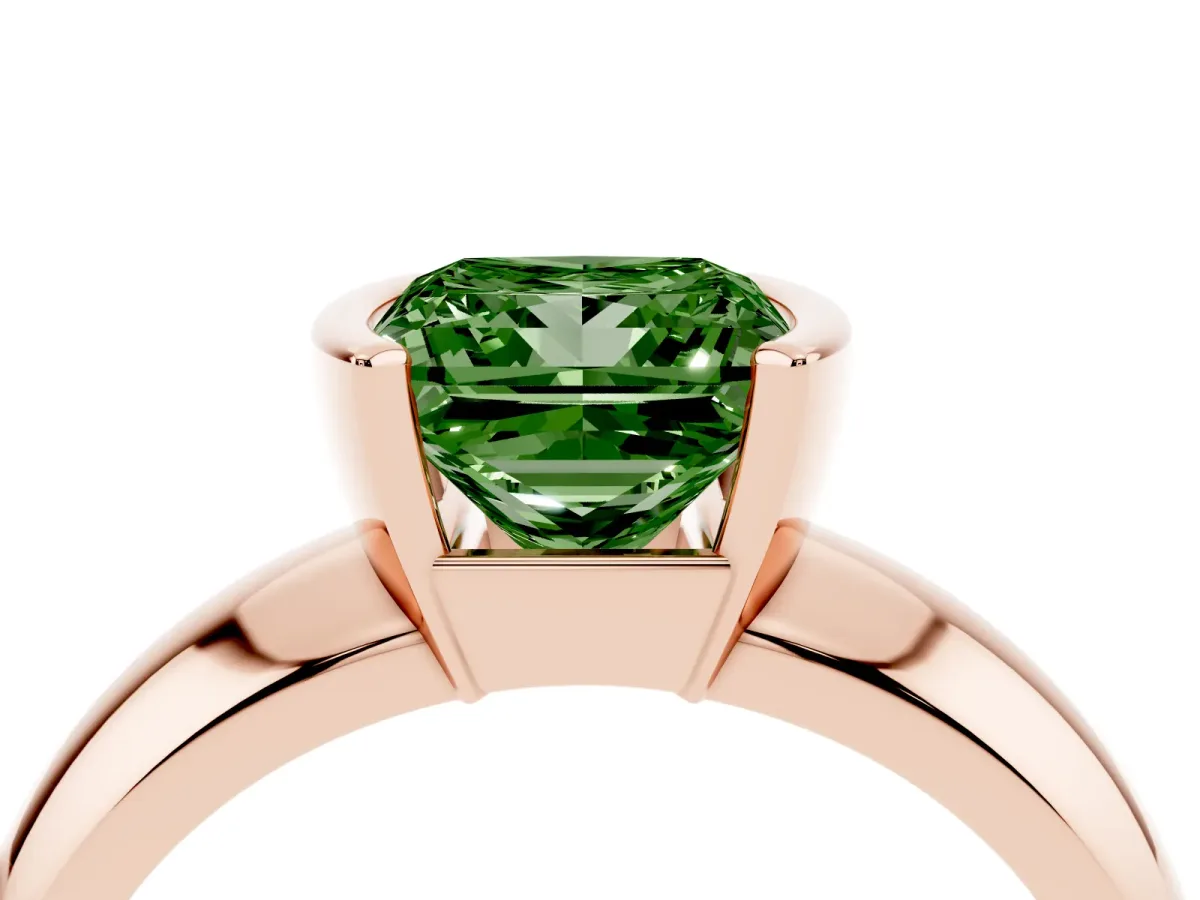 Fancy Green Princess Cut Solitaire Tension Set Diamond Ring with Wide Band Rose gold