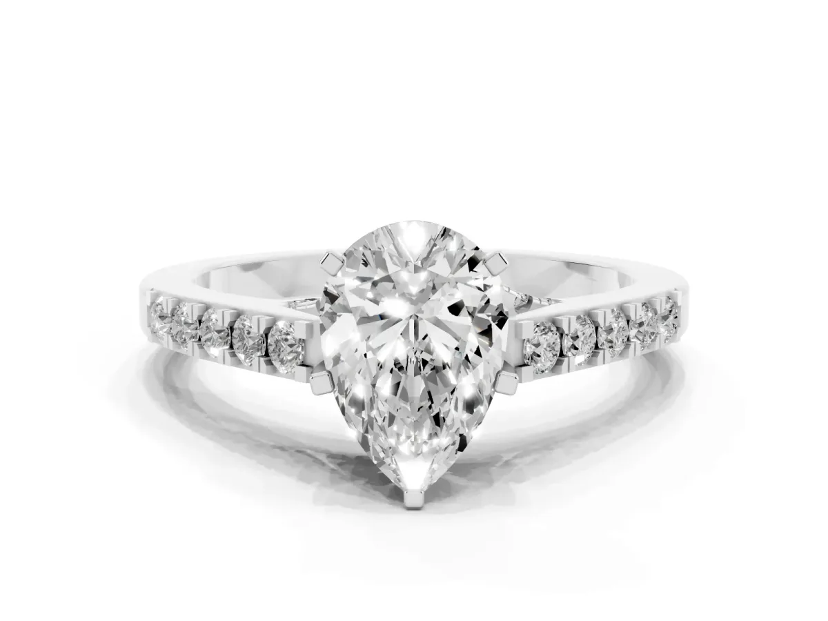 Pear Cut Diamond Solitaire Ring with Crossover Gallery and Round Pavé Band Silver