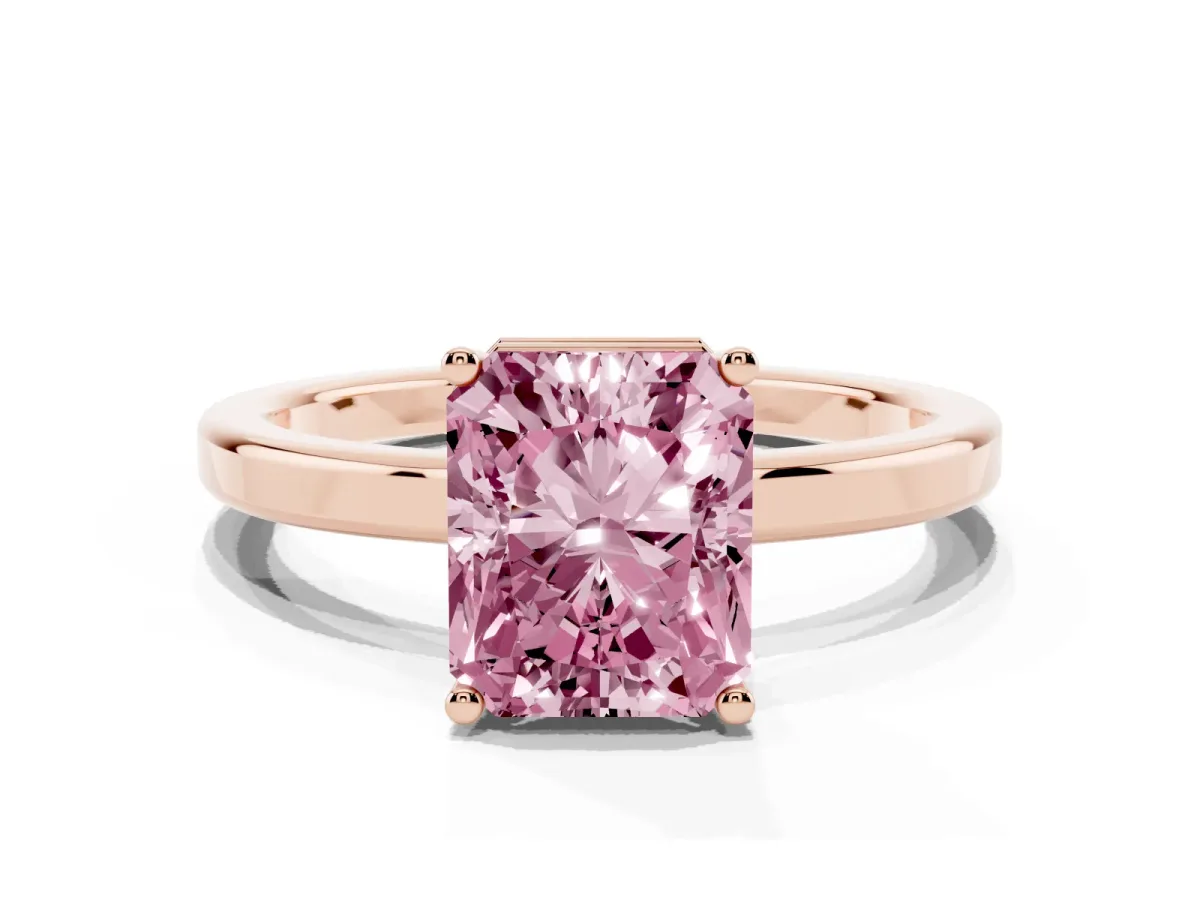 Fancy Pink Radiant Cut Cut Solitaire Engagement Ring with Four-Prong Setting on a Classic Band Rose gold