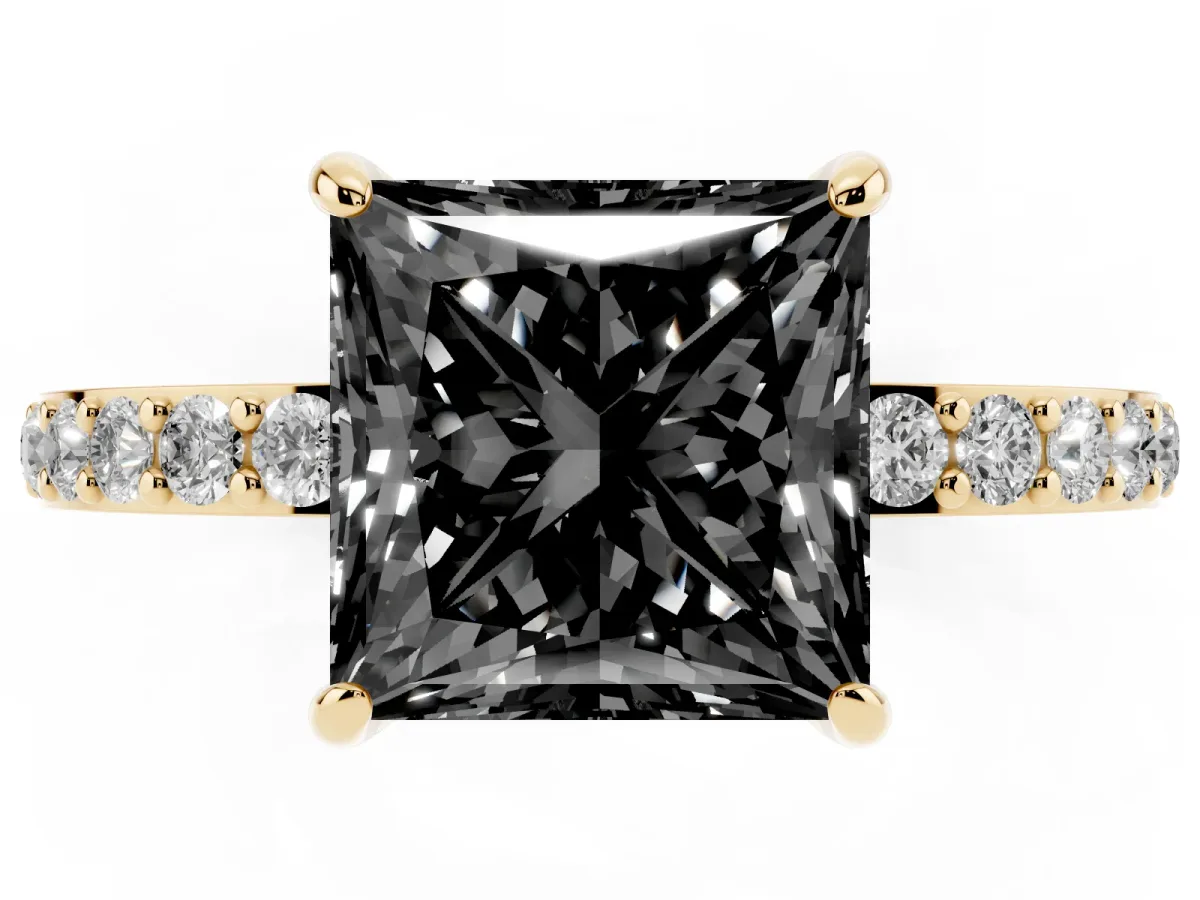 Fancy Black Princess Cut Diamond Pavé Engagement Ring with Round Accents and Prong Setting Yellow gold
