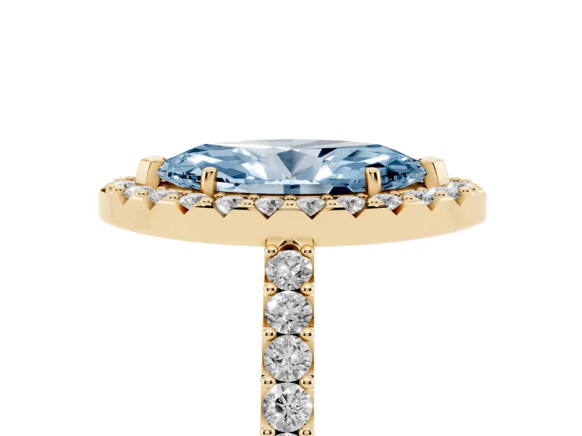 Fancy Blue Marquise Cut Halo Diamond Pavé Solitaire Ring Yellow gold