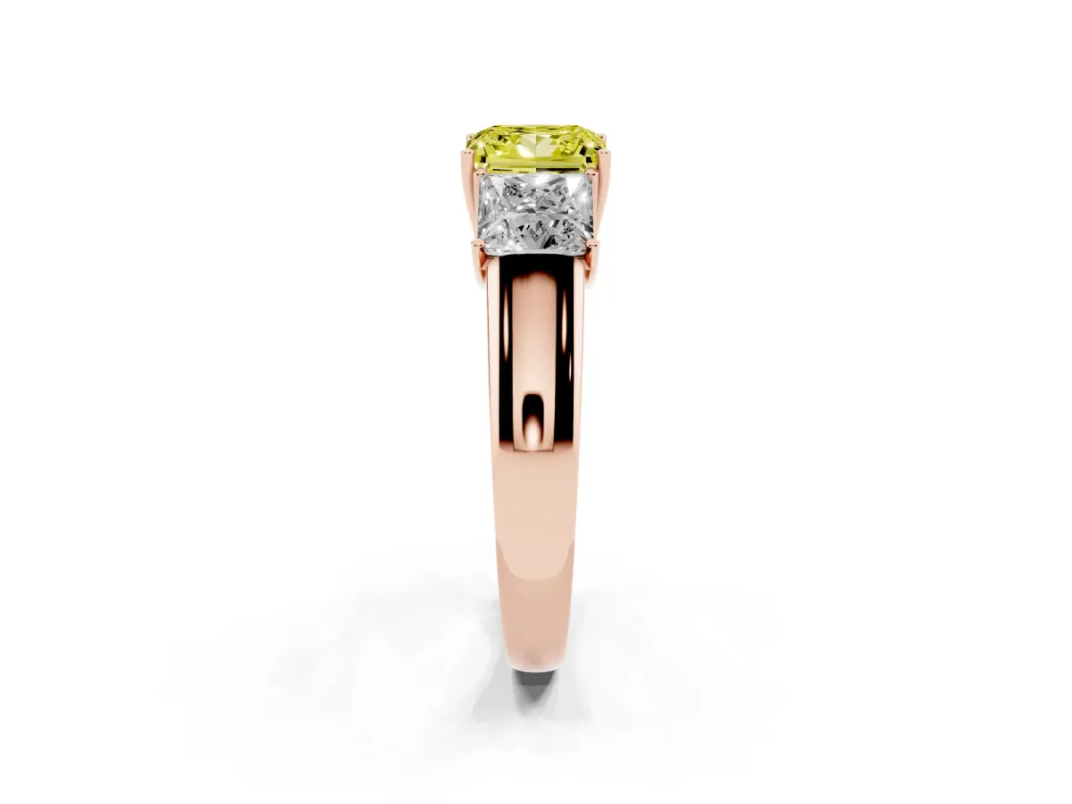 Fancy Yellow Three-Stone Princess Cut Cut Diamond Ring with Prong Setting and Classic Band Rose gold