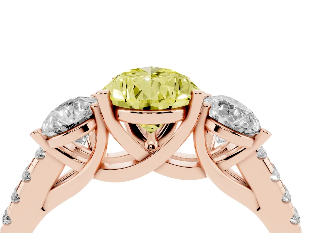 Fancy Yellow Three-Stone Pear Cut Diamond Ring with Round Pavé Band and Prong Setting Rose gold