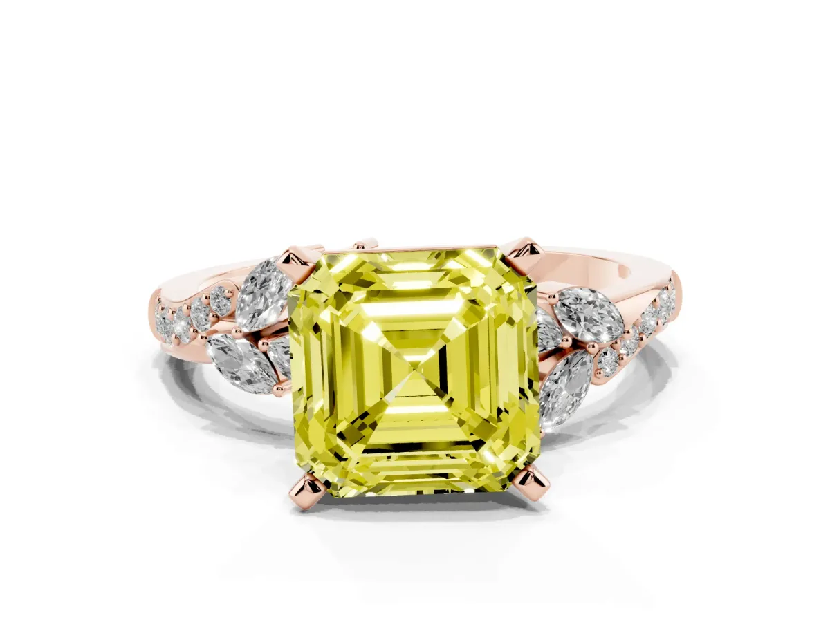 Fancy Yellow Asscher Cut Solitaire Marquise Twist Band with Six-Prong Setting Rose gold