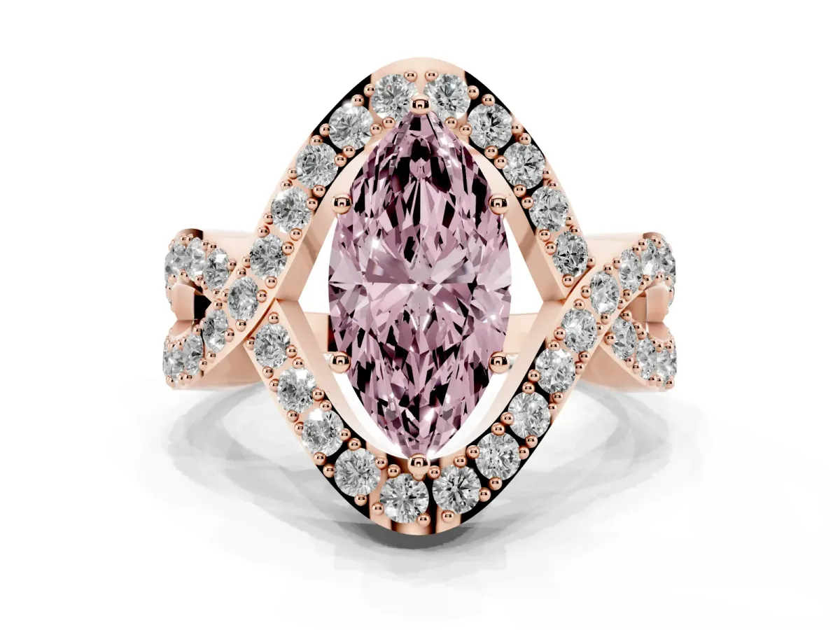 Fancy Pink Marquise Cut Solitaire Twist Band Pavé Diamond Engagement Ring Rose gold
