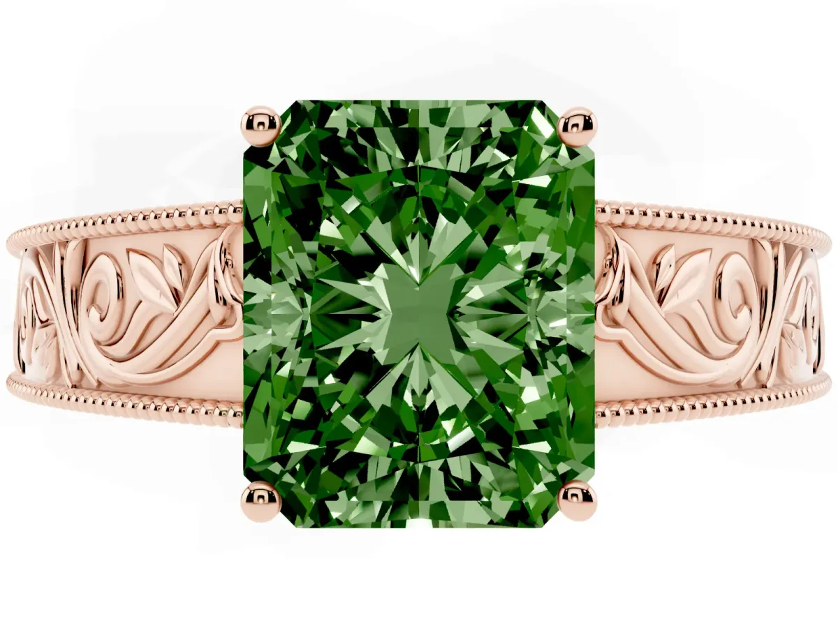 Fancy Green Radiant Cut Diamond Solitaire Ring with Engraved Band and Four-Prong Setting Rose gold