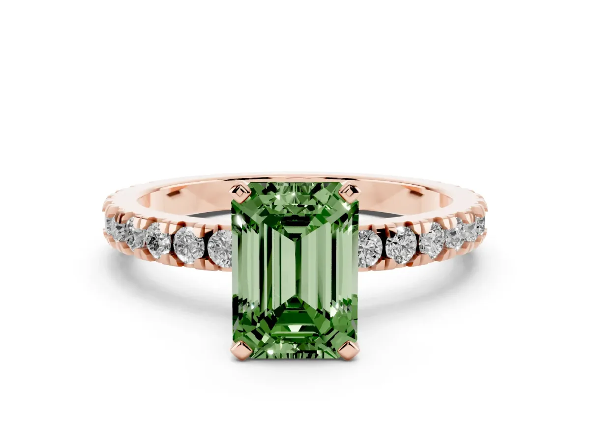 Fancy Green Emerald Cut Diamond Pavé Band Solitaire with Four-Prong Setting Rose gold