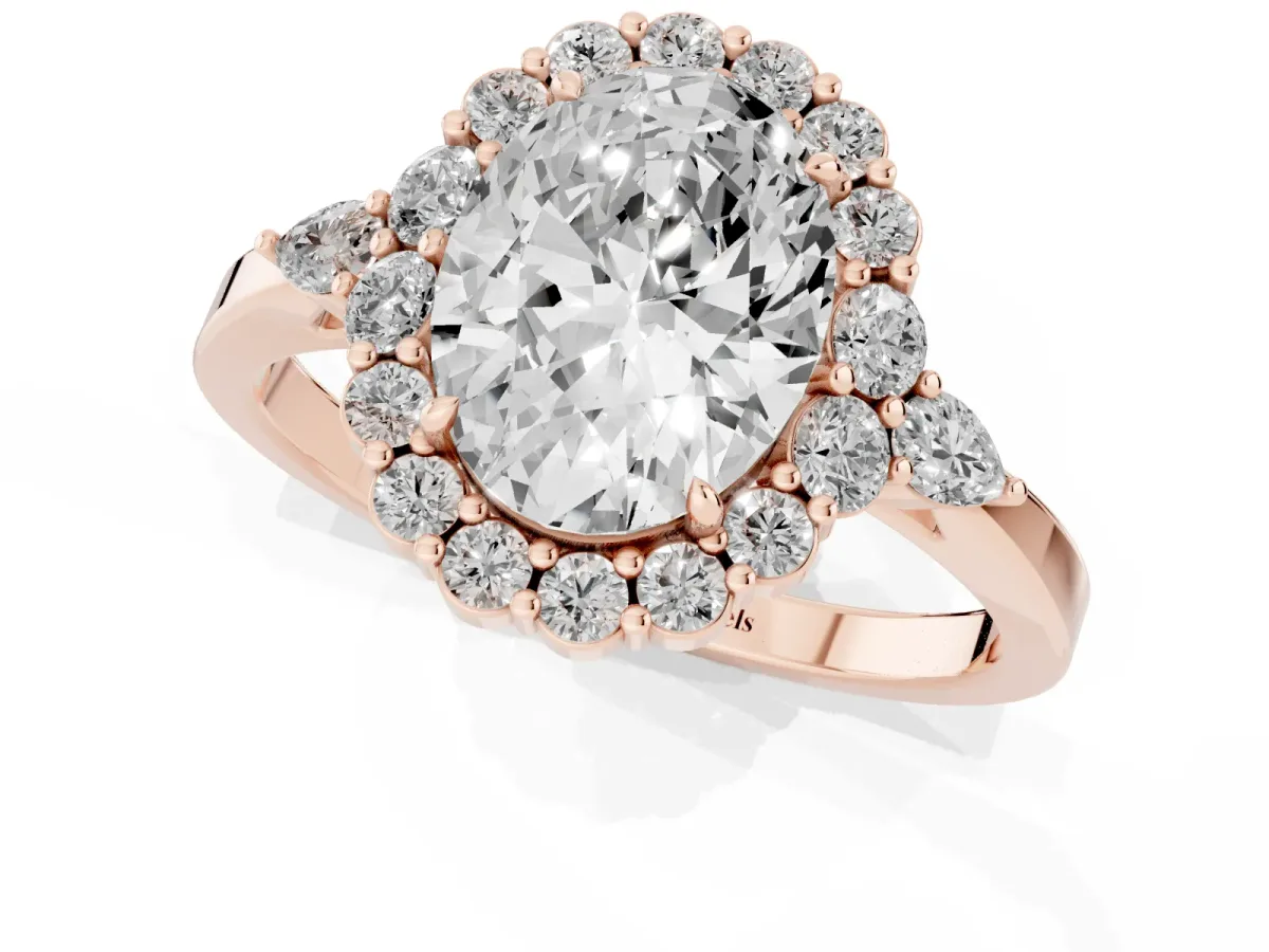 Oval Cut Diamond Halo Ring with Pear Side Stones and Prong Setting Rose gold