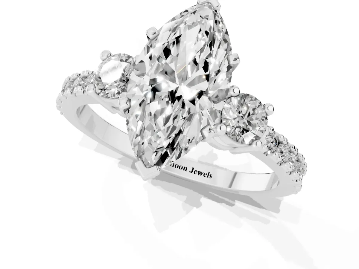 Marquise Cut Three-Stone Diamond Pavé Band with Prong Setting Silver