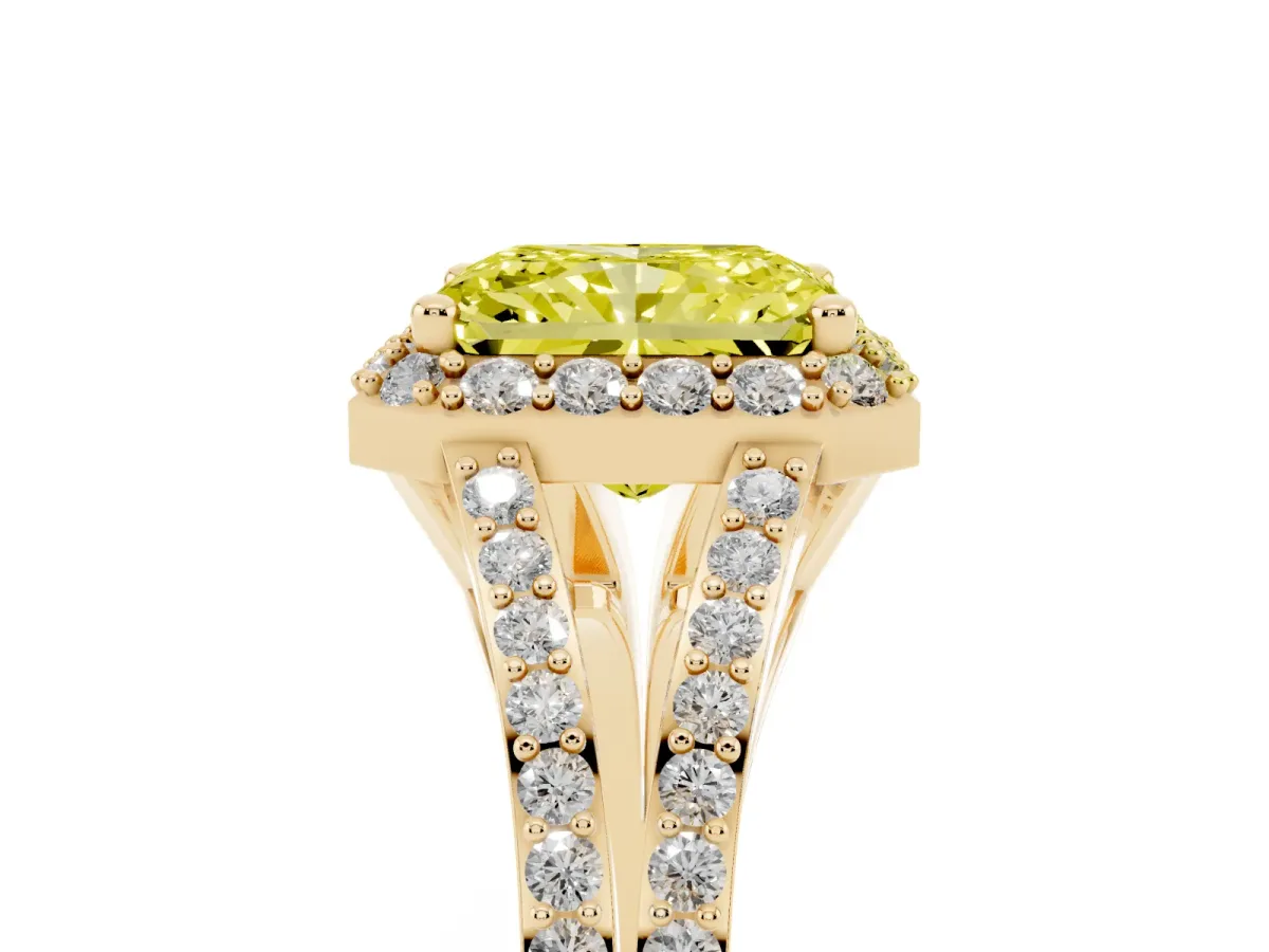 Fancy Yellow Radiant Cut Halo Split Shank Diamond Ring with Prong Setting Yellow gold