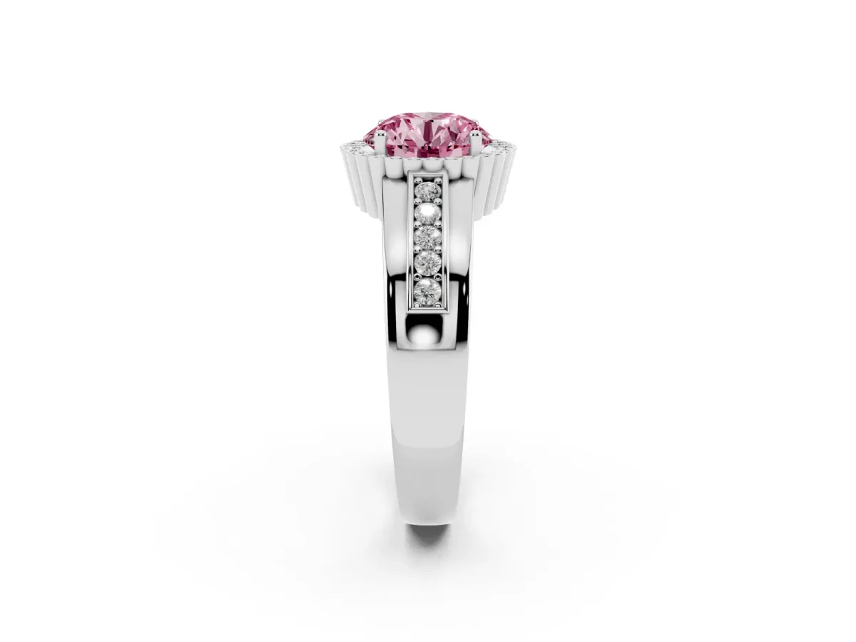 Fancy Pink Round Cut Cut Halo Pave Band Four-Prong Ring Platinum