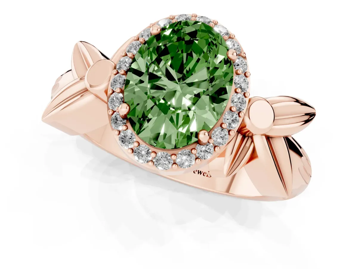 Fancy Green Oval Cut Halo Diamond Floral Band with Four-Prong Setting Rose gold