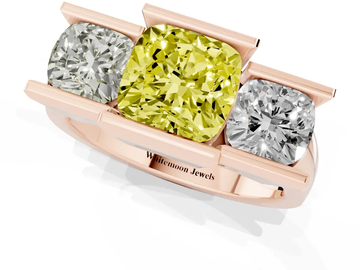 Fancy Yellow Three Stone Cushion Cut Cut Channel Set Diamond Ring Rose gold
