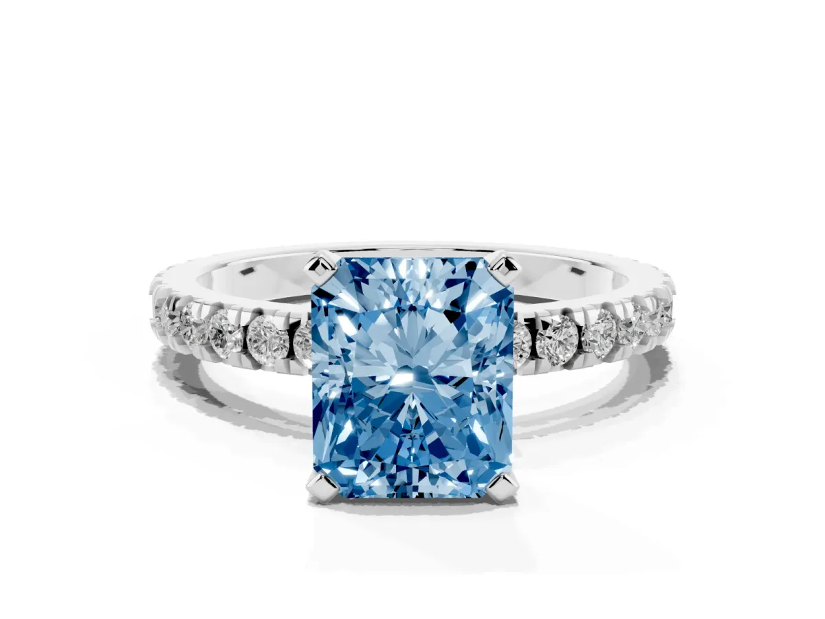 Fancy Blue Radiant Cut Diamond Pavé Band Solitaire with Four-Prong Setting Silver