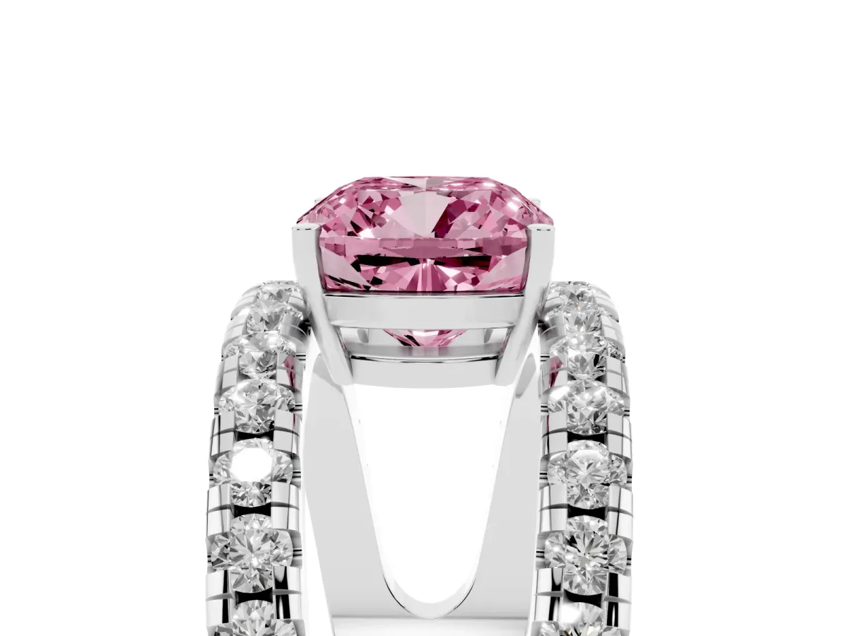 Fancy Pink Cushion Cut Solitaire Split Shank Pave Diamond Ring Silver