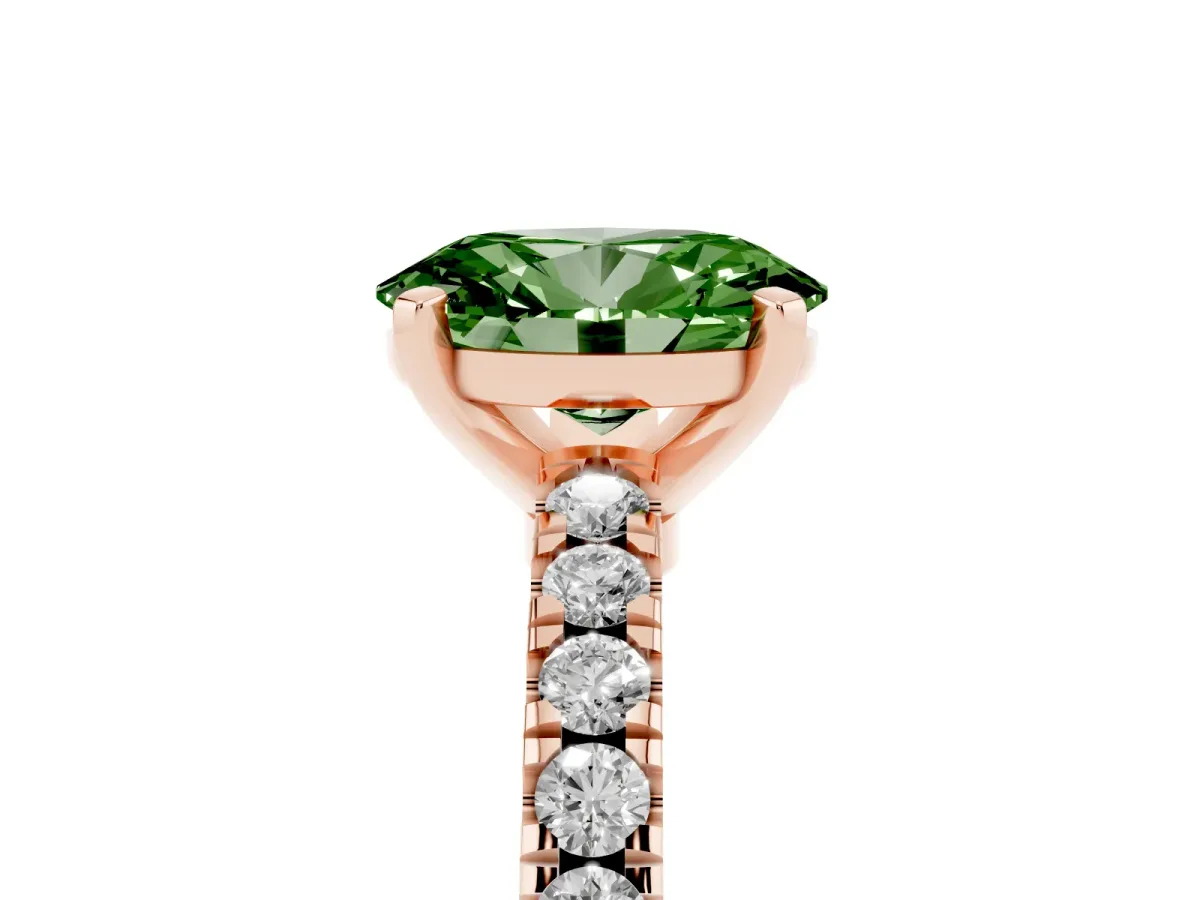 Fancy Green Oval Cut Solitaire Diamond with Pavé Band and Four-Prong Setting Rose gold
