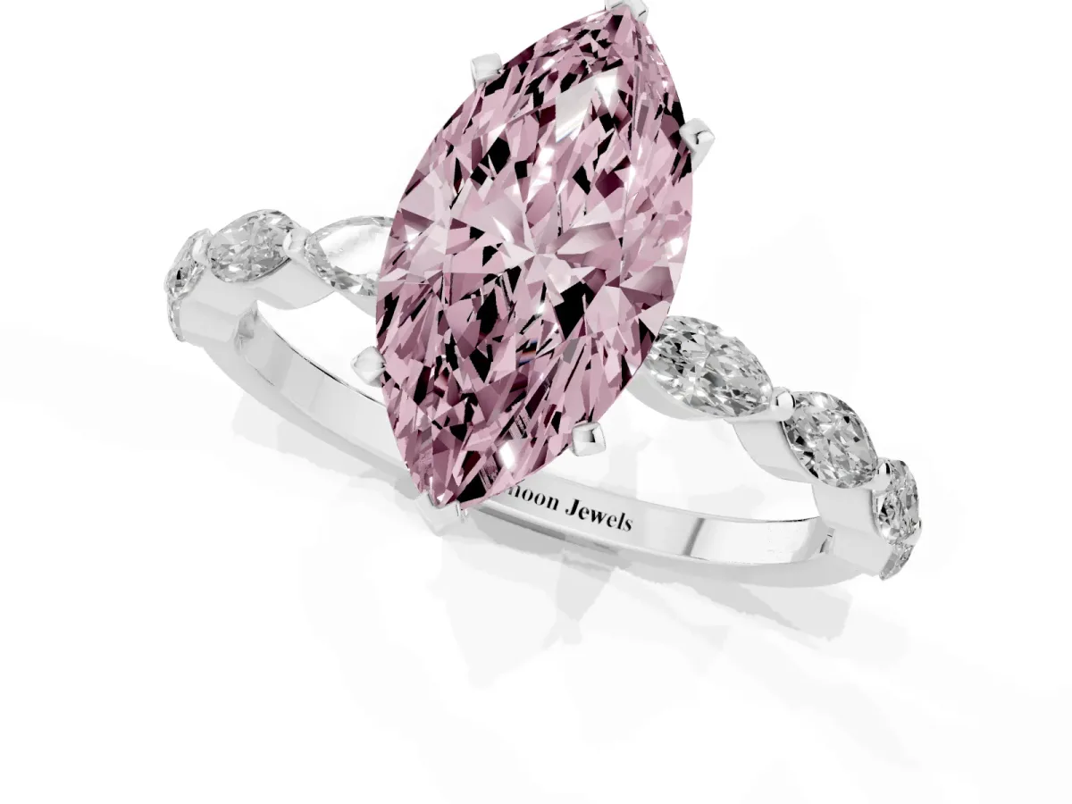 Fancy Pink Marquise Cut Diamond Ring with Marquise Side Stones and Prong Setting Platinum