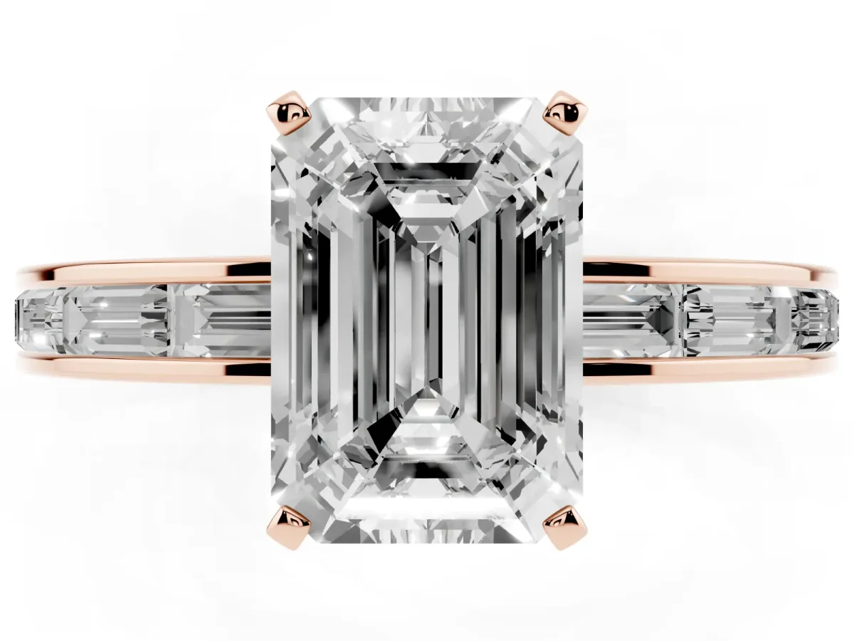 Emerald Cut Solitaire Diamond Ring with Channel-Set Baguette Band and Four-Prong Setting Rose gold