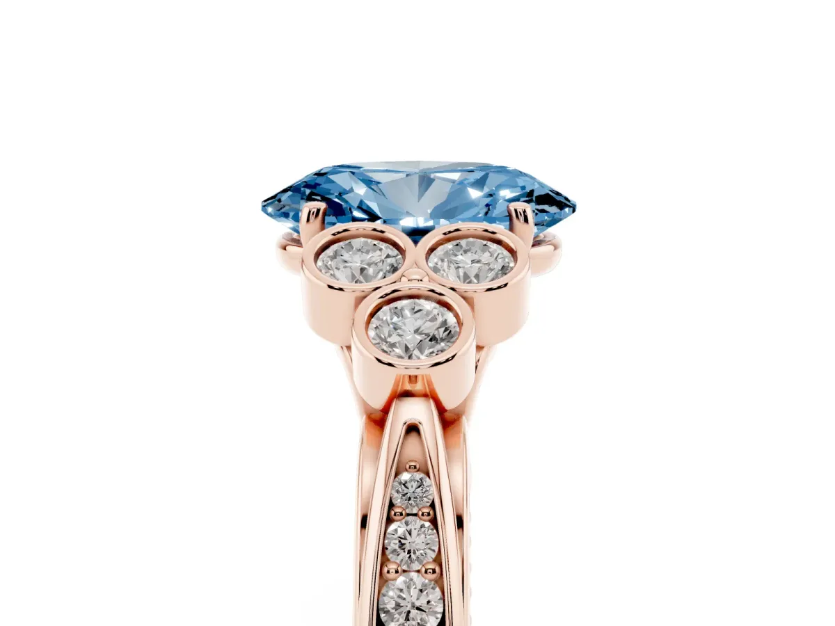 Fancy Blue Oval Cut Cut Diamond Engagement Ring with Bezel Set Round Side Stones and Prong Setting Rose gold