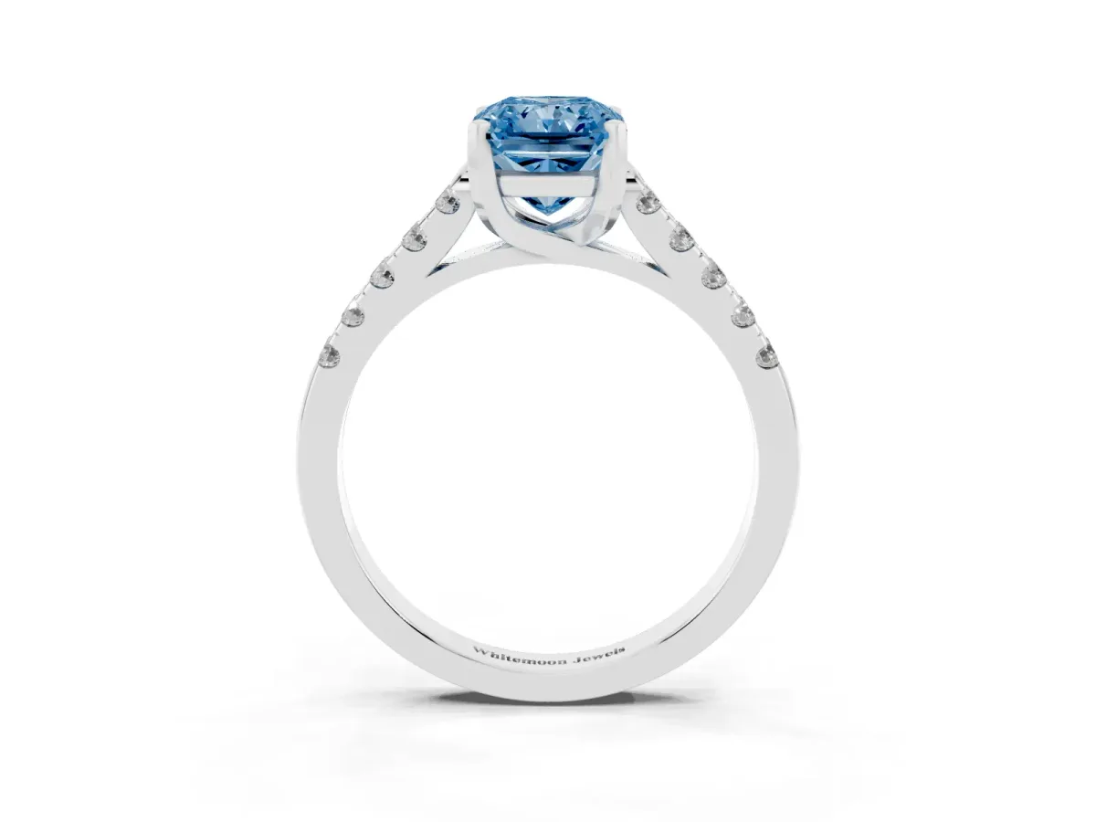 Fancy Blue Radiant Cut Diamond Pavé Band Solitaire Ring with Prong Setting Silver