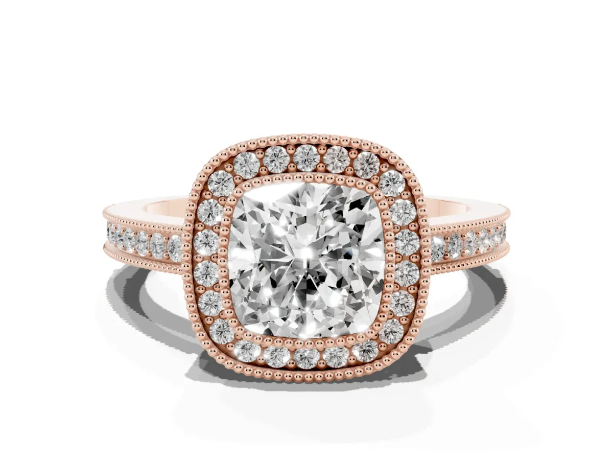 Cushion Cut Cut Halo Diamond Ring with Pavé Band and Milgrain Prong Setting Rose gold