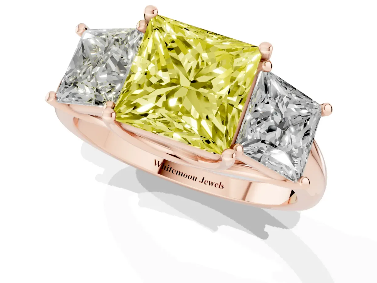 Fancy Yellow Three-Stone Princess Cut Diamond Engagement Ring with Prong Setting Rose gold