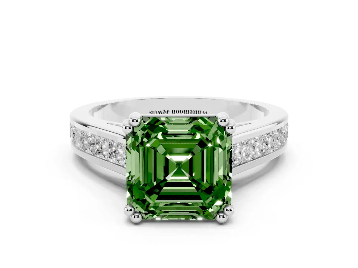Fancy Green Asscher Cut Cut Channel Set Solitaire Engagement Ring with Prong Setting Silver