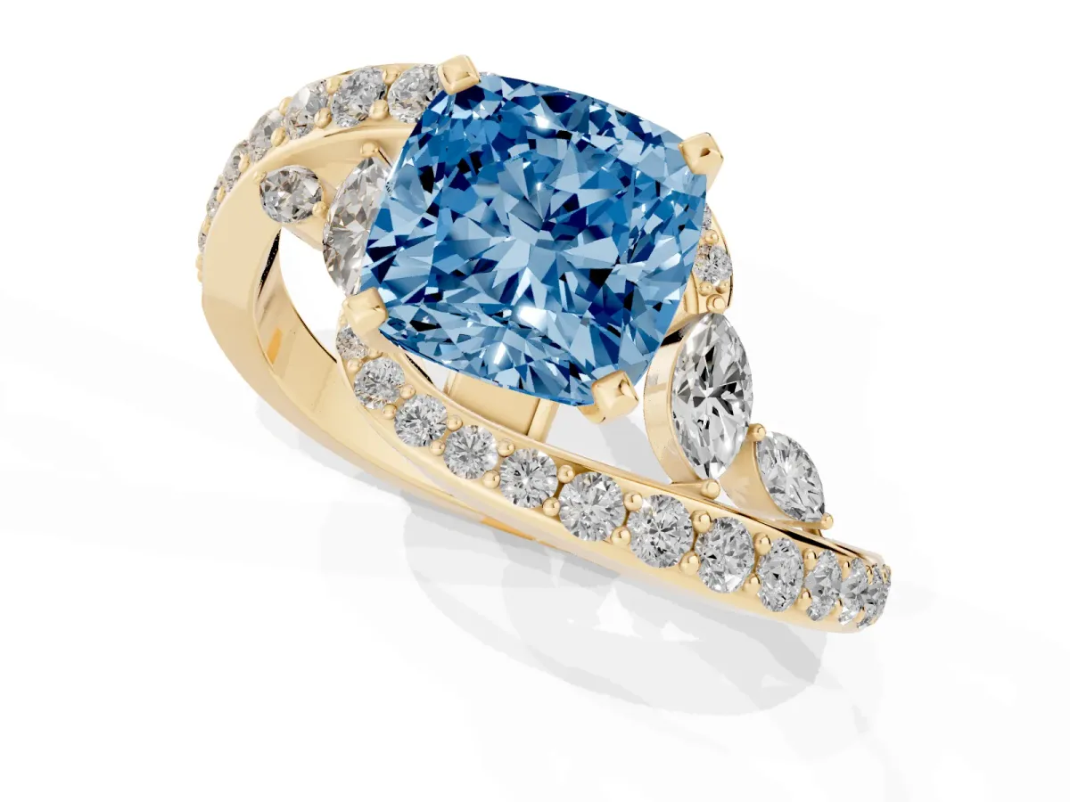 Fancy Blue Cushion Cut Diamond Solitaire Ring with Filigree Band and Four-Prong Setting Yellow gold