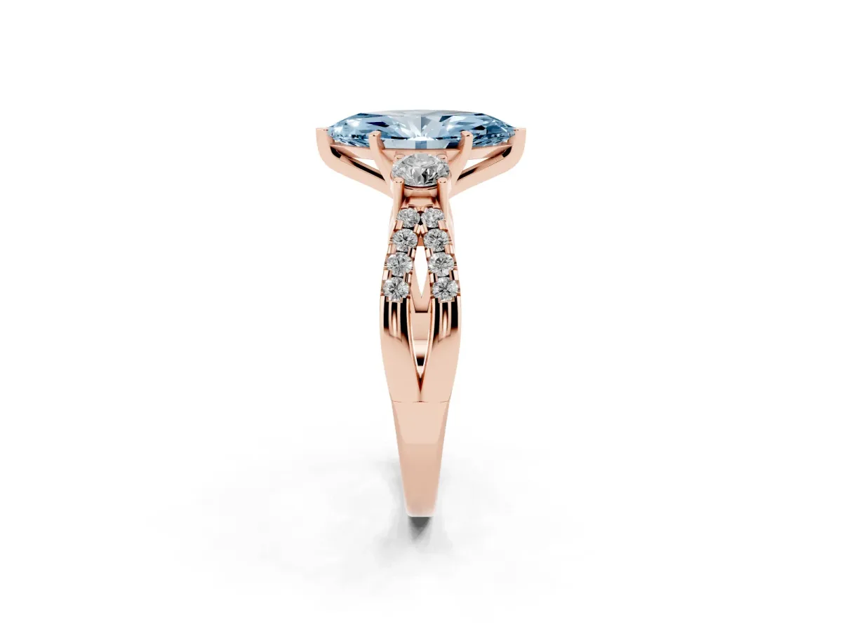 Fancy Blue Marquise Cut Diamond Three-Stone Ring with Pavé Split Shank and Four-Prong Setting Rose gold