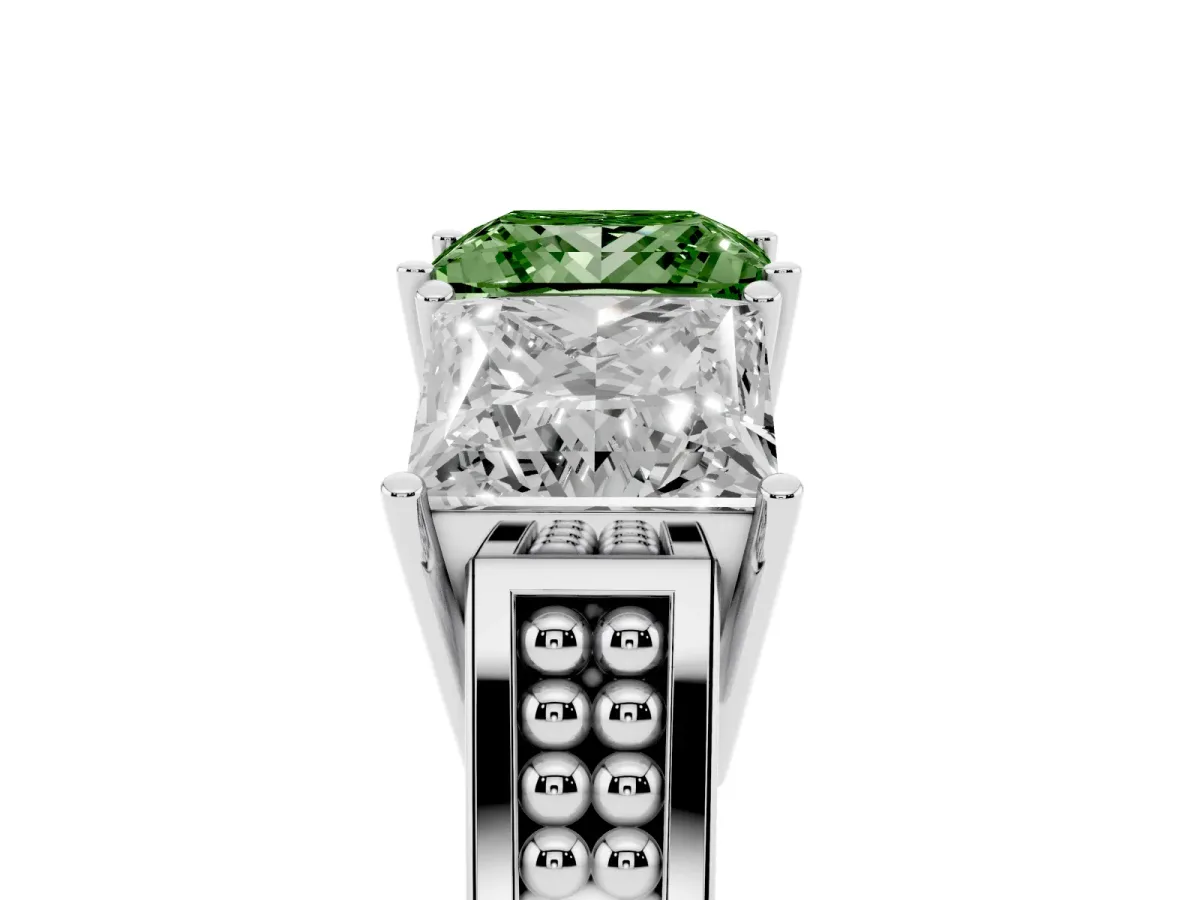Fancy Green Princess Cut Diamond Three-Stone Ring with Prong Setting and Textured Band Silver
