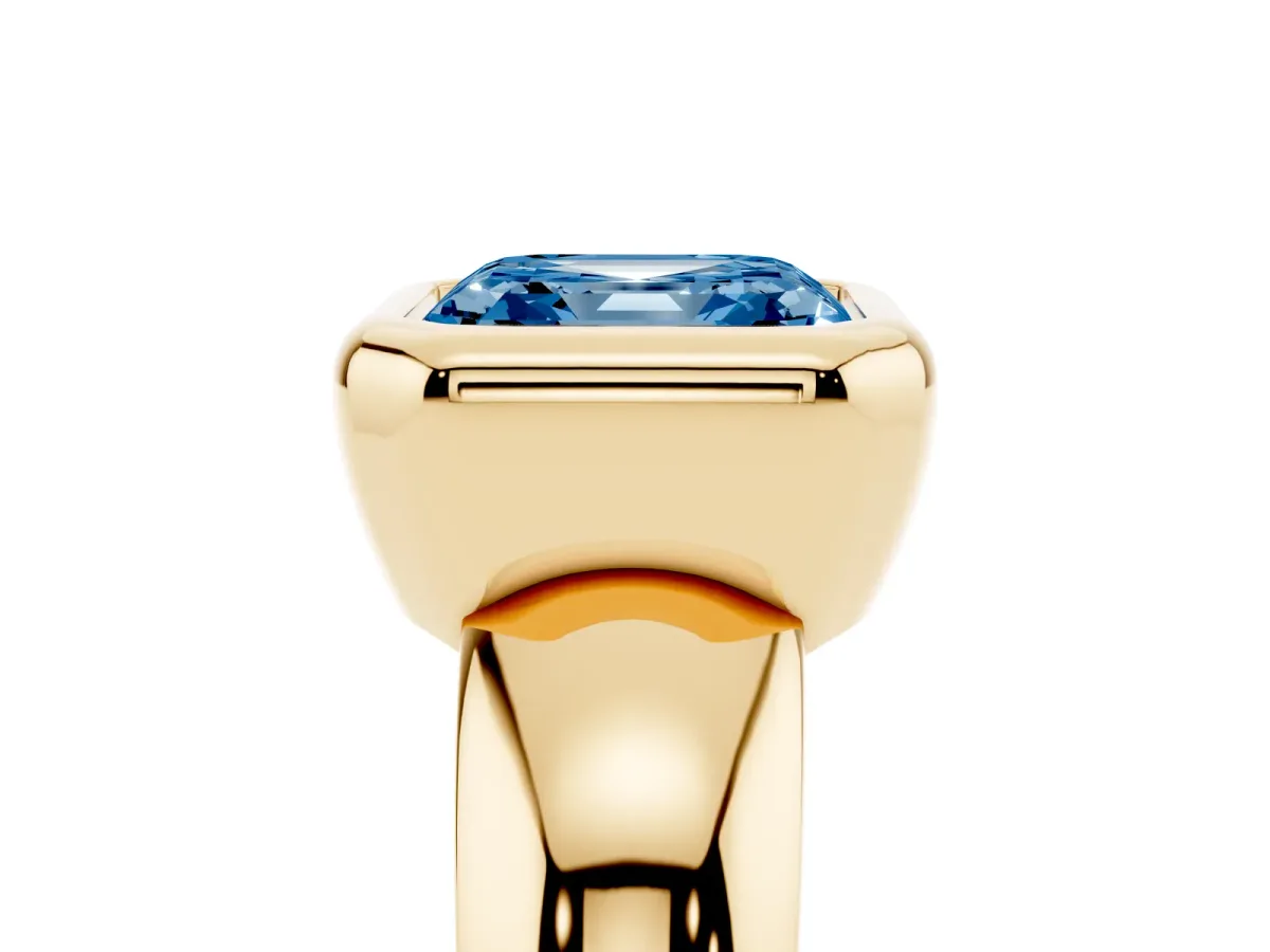 Fancy Blue Bezel Set Asscher Cut Solitaire Ring with Wide Band Yellow gold