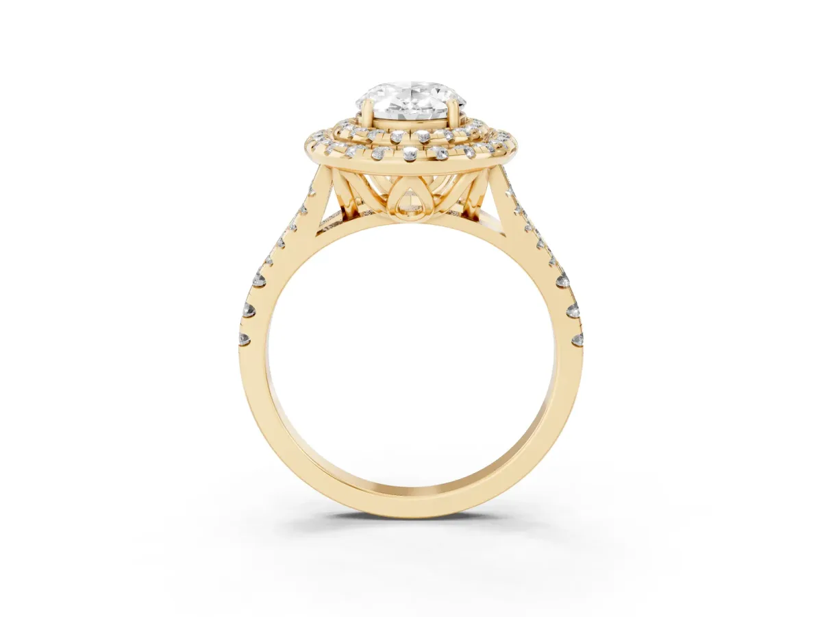 Double Halo Oval Cut Diamond Pavé Split Shank Ring with Prong Setting Yellow gold