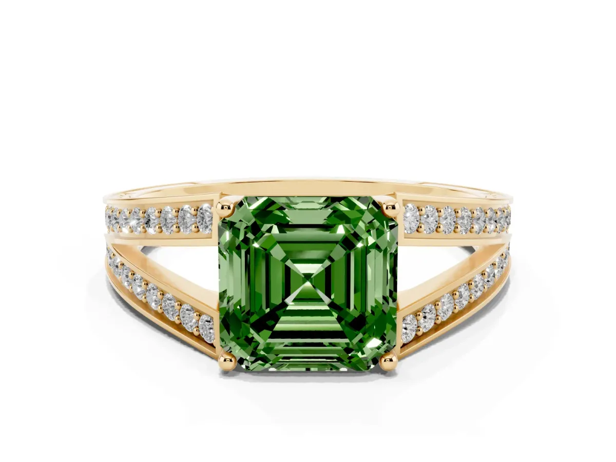 Fancy Green Asscher Cut Diamond Split Shank Ring with Pavé Band and Four-Prong Setting Yellow gold