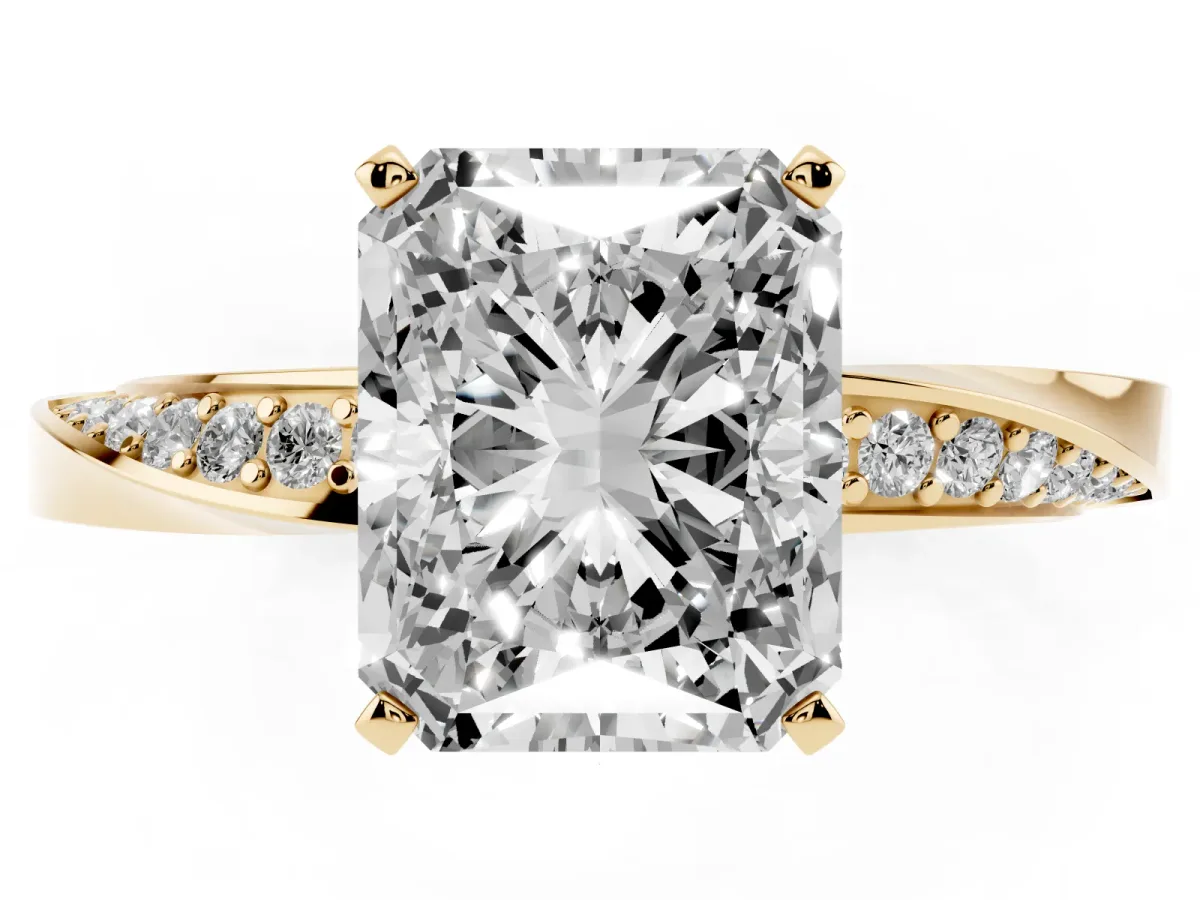 Radiant Cut Diamond Engagement Ring with Side Stone Accents and Four-Prong Setting Yellow gold