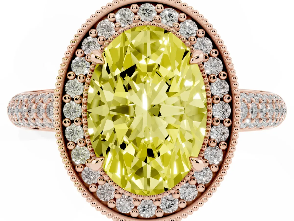 Fancy Yellow Oval Cut Cut Halo Diamond Pave Band with Four-Prong Setting Rose gold