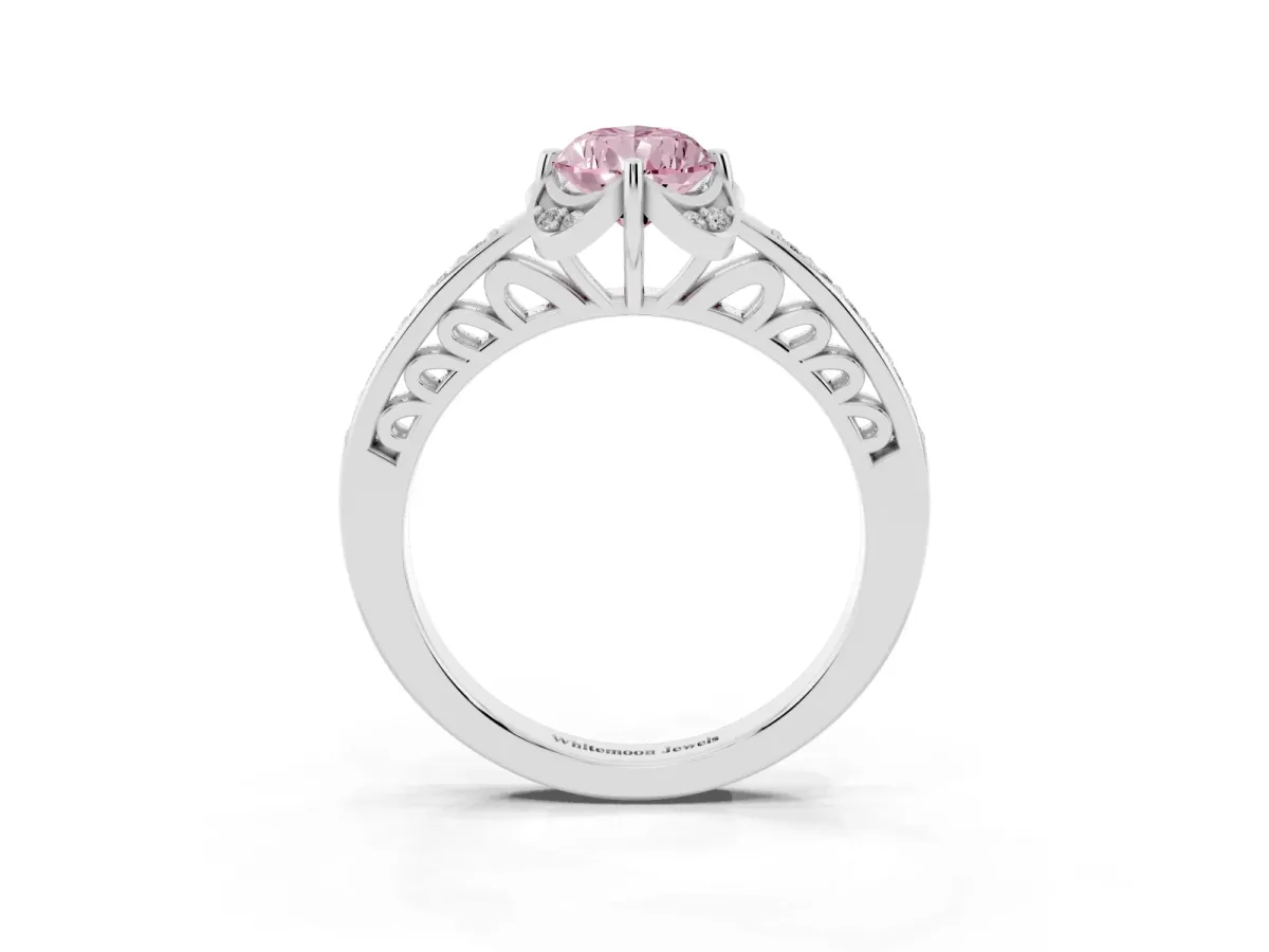 Fancy Pink Pear Cut Cut Halo Diamond Ring with Channel Set Band and Four-Prong Setting Platinum