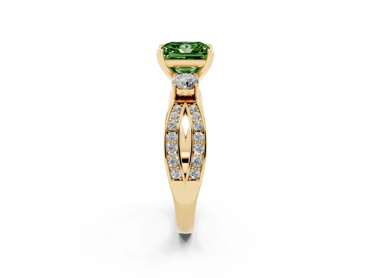 Fancy Green Three-Stone Princess Cut Cut Diamond Twist Band with Prong Setting Yellow gold