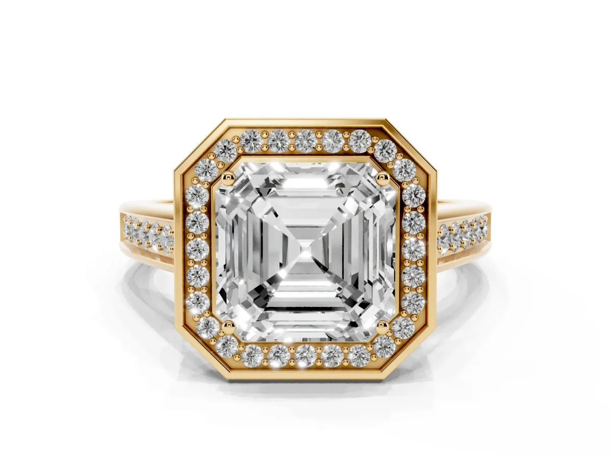 Asscher Cut Halo Solitaire Diamond Ring with Pave Band and Bezel Setting Yellow gold