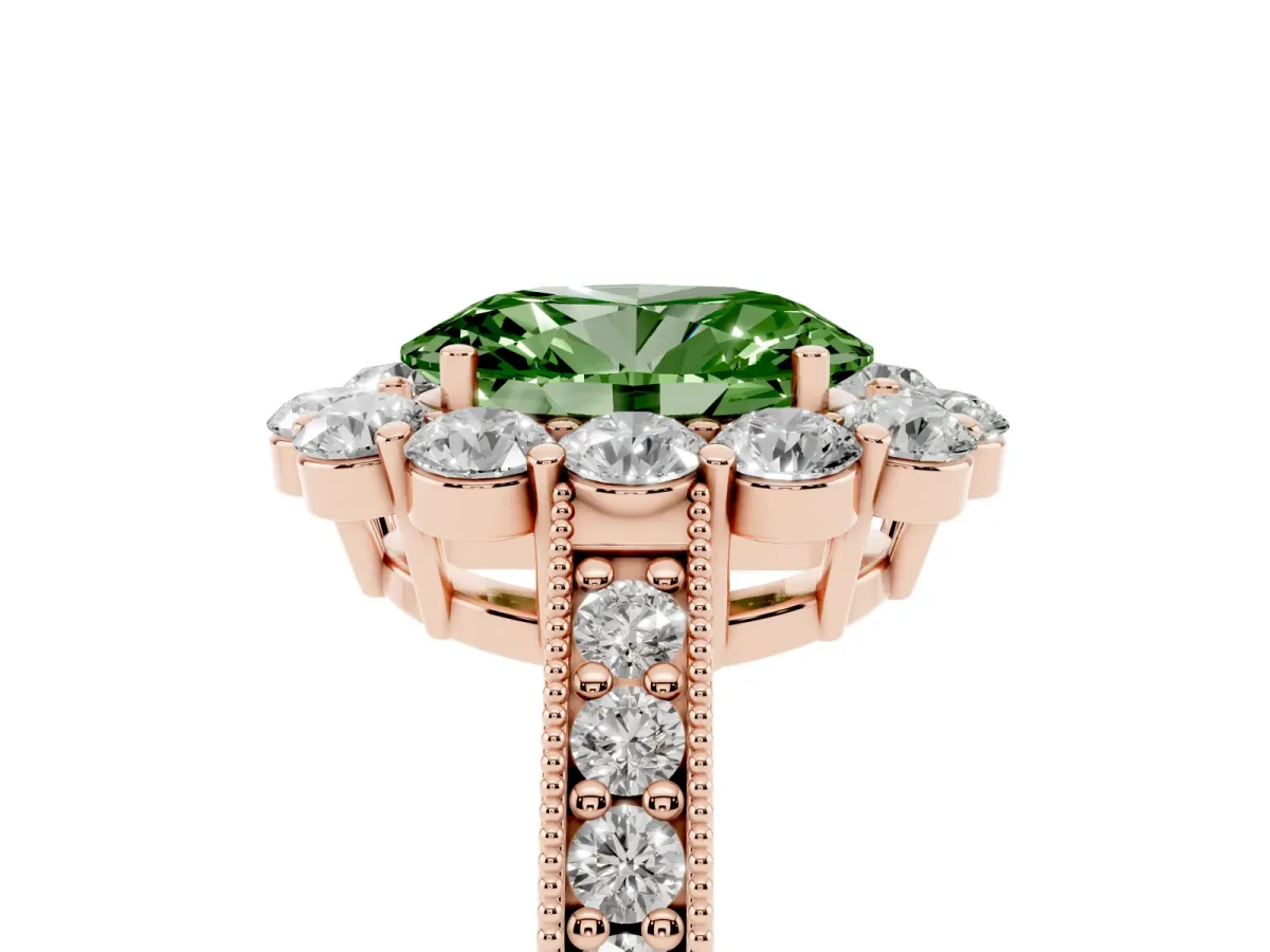Fancy Green Oval Cut Cut Halo Diamond Pavé Engagement Ring with Milgrain Detailing Rose gold