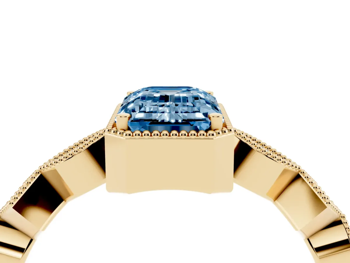 Fancy Blue Emerald Cut Milgrain Marquise Diamond Twist Band Ring Yellow gold